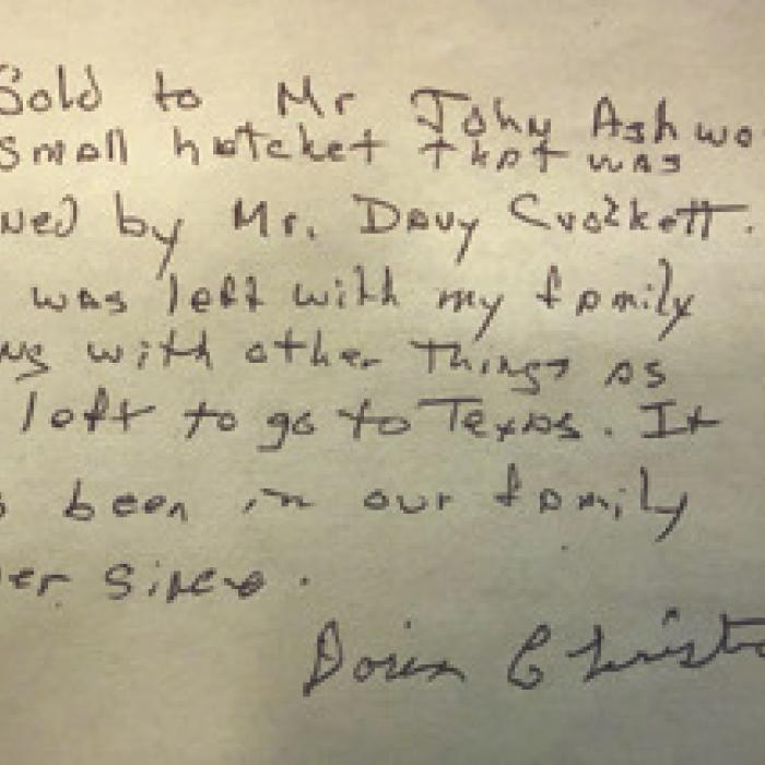 Letter about Davy Crockett axe.