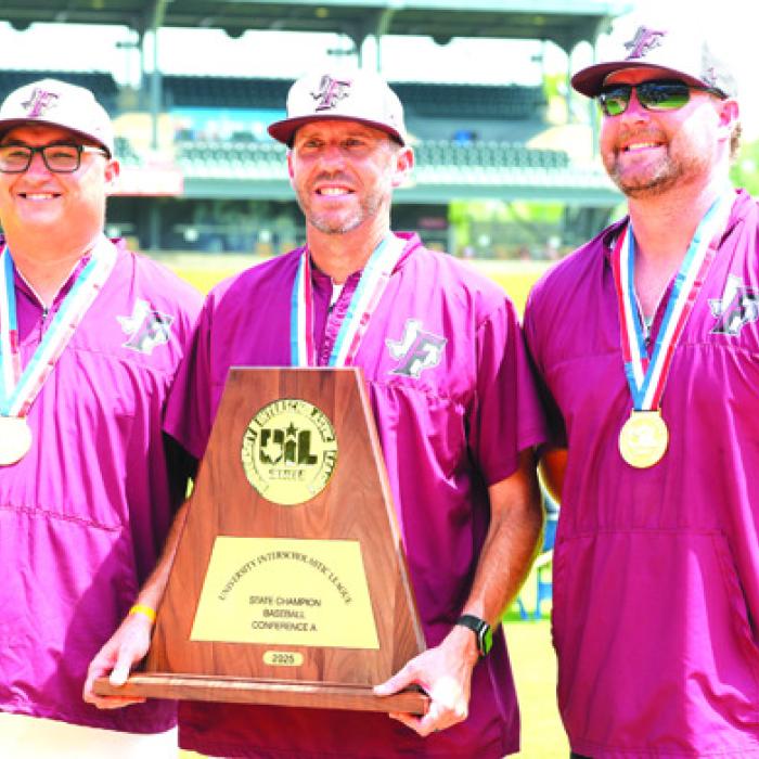Fayetteville baseball coaches pose with the title trophy, left to right: Marcus Sodek, Clint Jaeger and Jake Diggs.
