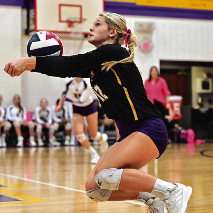 Ashytn Smith digs up the ball in the Lady Leopards’ victory last Tuesday over Smithville. The La Grange girls are back home this Tuesday against Giddings. Photo by Stephanie Steinhauser