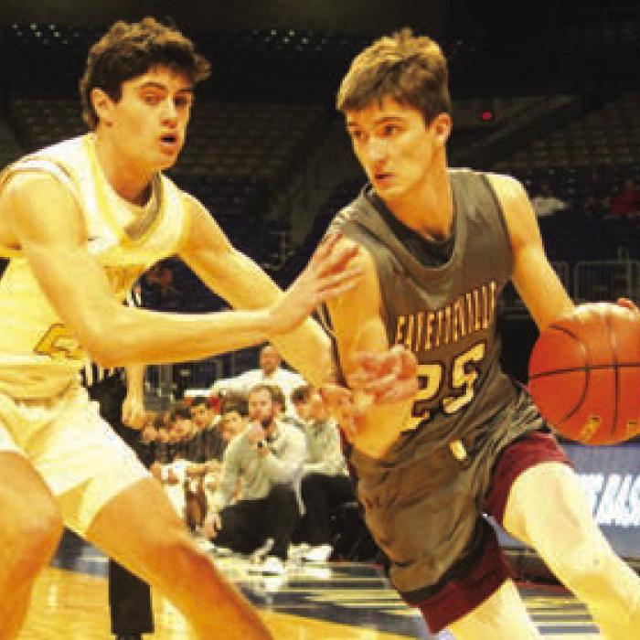 Left: Cash Smith fights for a rebound, and right, Easton Jaeger drives to the basket in Thursday’s state semifinals.