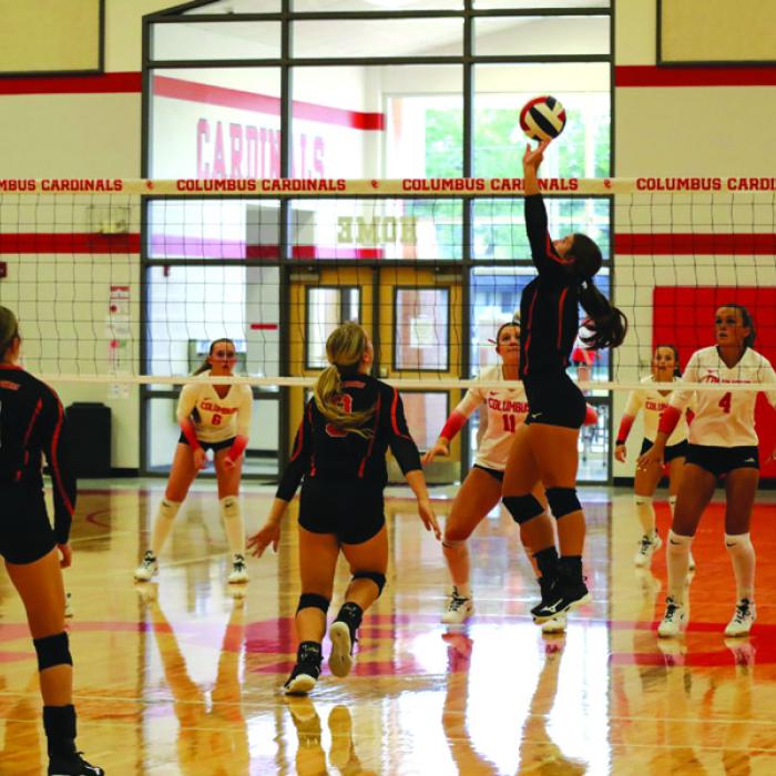 Schulenburg’s Landry Zapalac sets a ball in the Columbus Tournament last week. Photo by Audrey Kristynik