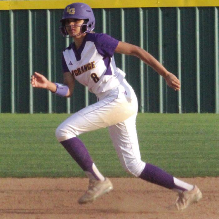 La Grange’s Brion Williams got the only hit for La Grange Tuesday off Smithville pitcher Jessica Hinnant. Williams is shown here leading off second after stealing a base Tuesday. Photo by Jeff Wick