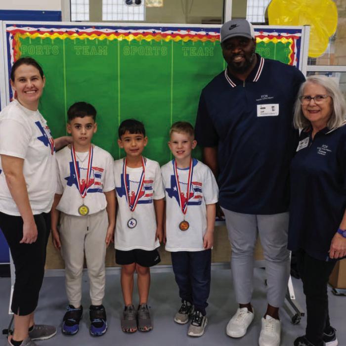 Pictured are the winners of the boys division along with volunteers from Fayette County Helpers: (from left) FCH volunteer Victoria Spindler, First Place - Nick Galindo, Second Place - Carter Leer, Third Place - Milam Kulhanek, and FCH volunteers Jeff Kelly, Jr., and Karen Forest.