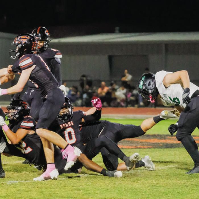 Max Hernandez and Nick Goode team up to bring down Bloomington’s Don Reyes Friday. Photo by Andy Behlen