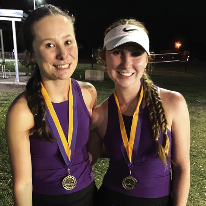 The La Grange Girls Doubles team of Eleanor Carey (Sr), left, and Ella Nygren (Sr) placed first in Shiner.