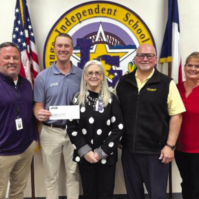 On hand as Fayette Savings Bank presented a check to La Grange ISD through its School Spirit Debit Card Program were (from left): Andy McHazlett, LGISD Superintendent; Wade Mozisek, FSB President/CEO; Diana Fitzpatrick, LGISD Director of Finance; Gary Drab, LGISD Board President; Darlene Brothers, FSB Sr. Vice President, Deposit Services.