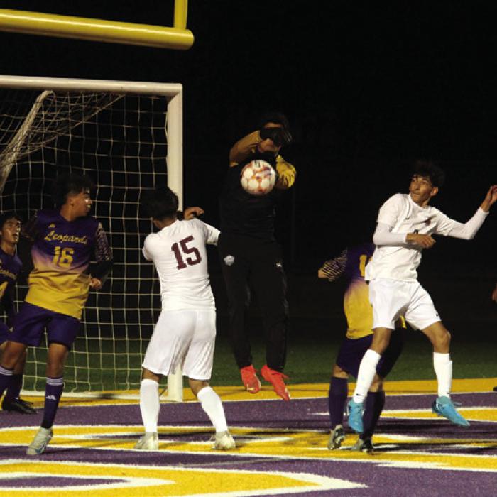 The La Grange boys defense on a corner kick by Cameron Friday.