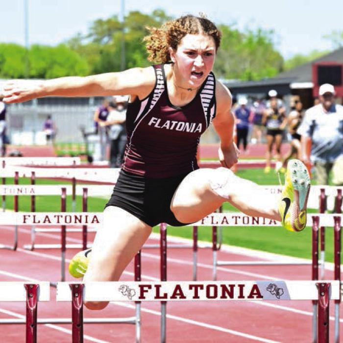Flatonia’s Emma Kosler was third in the 100 meter hurdles at the area meet. Photo by Stephanie Steinhauser