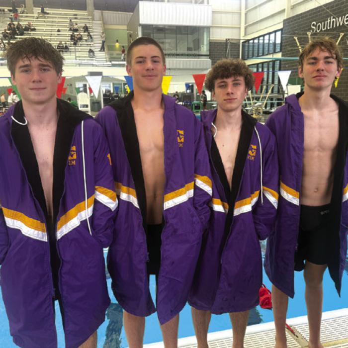 Here are the La Grange boys who competed at regionals in the 200 and 400 freestyle relays – left to right: Rogan Mihatsch, Braxton Landis, Gavin Cook and Van Huette.