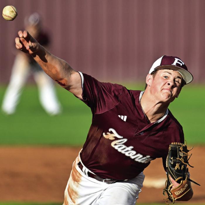 Cullen Kutac pitches for Flatonia at last week’s home tournament. Photo by Stephanie Steinhauser