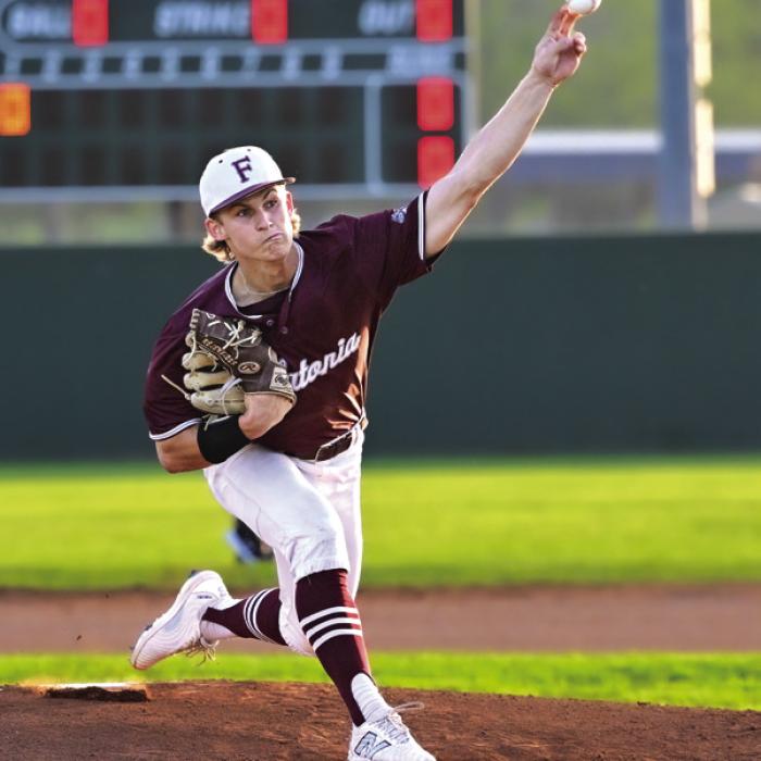 Flatonia senior Titan Targac pitched a great game Saturday for the Bulldogs, striking out 19 over 7 2/3 innings against Shiner. Photo by Stephanie Steinhauser