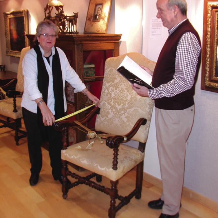 Lamar Lentz, Library and Museum Collections Curator and Pat Johnson, Associate Curator of Collections register the Toscanini Chairs into the Institute’s collection. Mr. Lentz will lead the Docent Program.
