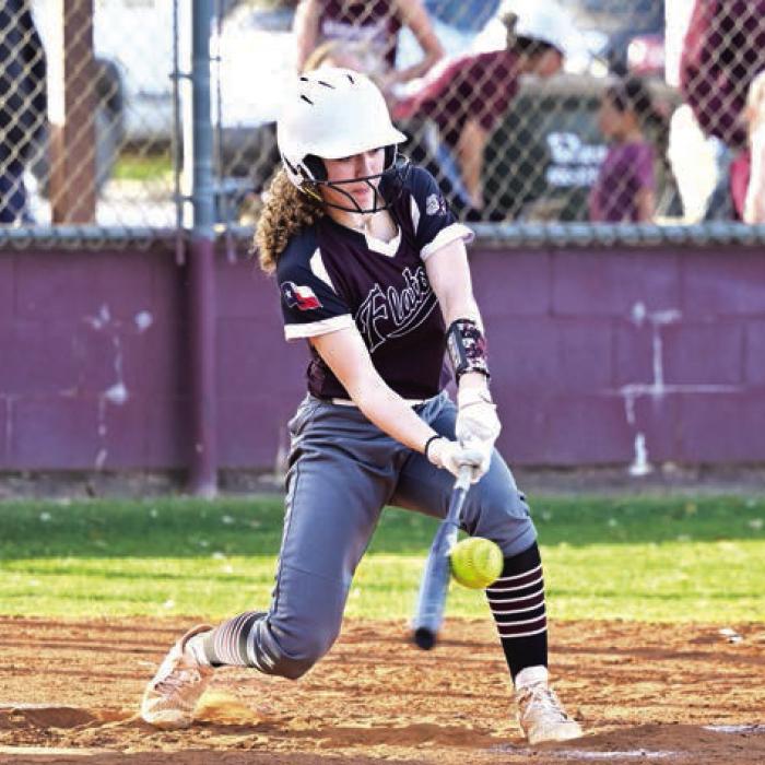 Emma Kosler picks up a single for Flatonia in Tuesday’s win over Schulenburg. Photo by Stephanie Steinhauser