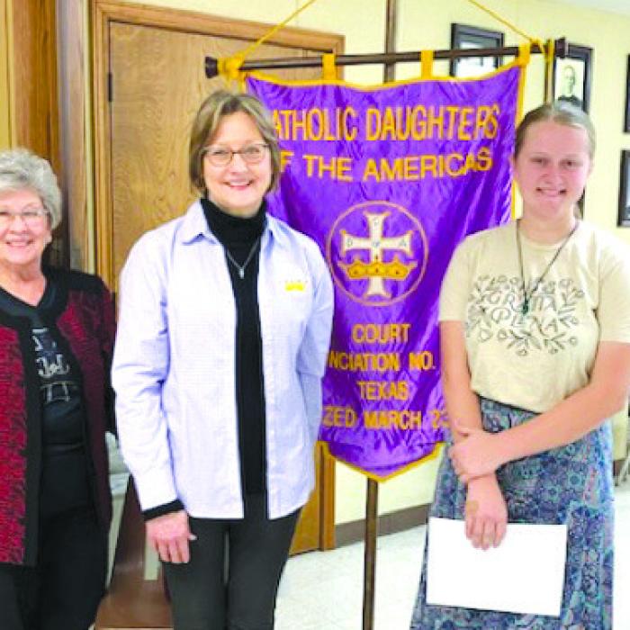 Katelyn Bernsen was received and welcomed into CDA Court Annunciation No.1962 at their monthly meeting on Jan. 23. Pictured from left to right are Membership Committee Chairman Stacy Ryza, Regent Shirley Antosh, and new member Katelyn Bernsen.
