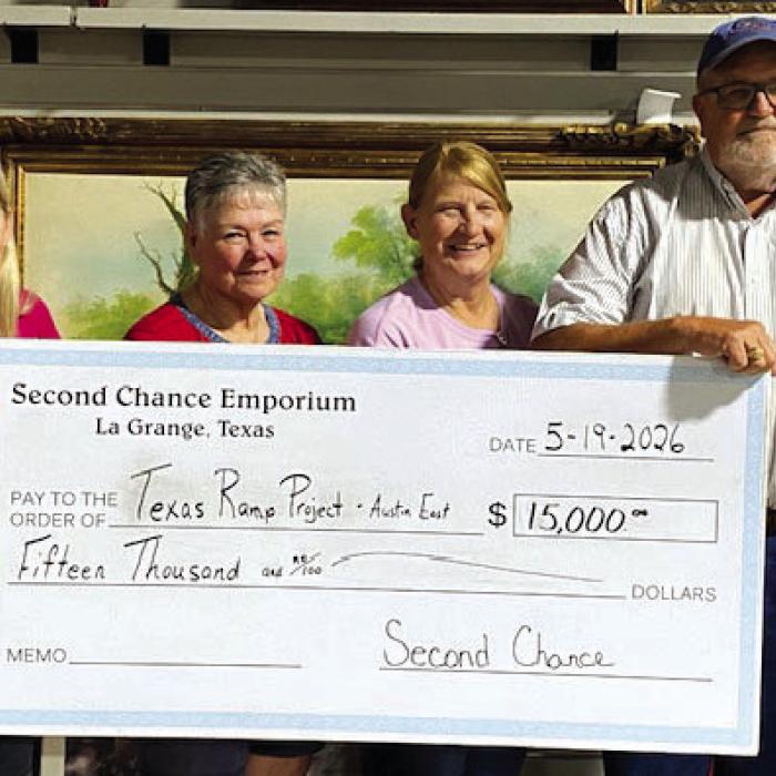 Second Chance Emporium (SCE) recently donated $15,000 to the Texas Ramp Project Austin East. Monies donated will be used to purchase treated lumber and hardware to build wheelchair ramps for eligible elderly and disabled residents of Fayette County. Pictured from left to right: Gayle Schielack, SCE Store Director; Darlene Strahan, SCE Assistant Store Director; Marlene Schnell, SCE Assistant Store Director and J. Frank Smith, Texas Ramp Project-Austin East Regional Coordinator.