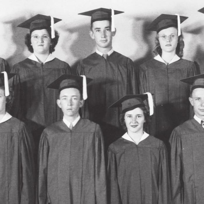 George Wagner was on the front row, second from right in the 1945 graduating class of Round Top-Carmine High School. The other students included (back row, left to right): Cleburne Schulze, Virginia Weikel, Howard Fuchs, Nevilie Fuchs and Alfred Wagner Jr. (Front row, left to right): Eldie Roski, Della Marie Rachui, Durwood Fuchs, Bonibell Bergmann and Eurline Weigelt. Photo courtesy of Fayette Heritage Museum &amp; Archives.