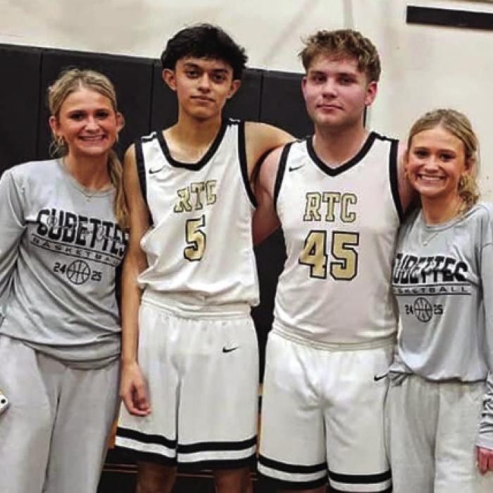 Round Top-Carmine honored their four senior basketball players Friday including twins Tess and Jill Eilers from the Cubettes team and boys basketball players Rolando Soto (5) and Evan Blazek (45).