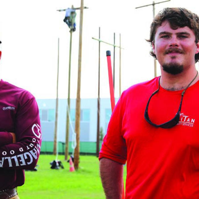 Thomas Gully, right, (a Fayetteville High School grad) and Mike Gonzales (left, of Katy), two students in Texas State Technical College’s Electrical Lineworker and Management program at the Fort Bend County campus,