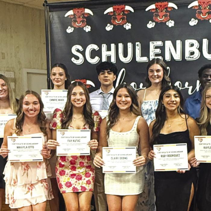 Pictured back from left: Meagan Velazquez, SFF Board Member; Shelby Davis, Emmrie Marx, Edgar Mandujano, Madyson Holub; Rodney Walton Jr., Stanzel Scholar; Melanie Ramirez, SFF Program Director; front: Mikayla Otto, Fay Kutac, Claire Oeding, Ruby Rodriguez, Kaylee Beyer.