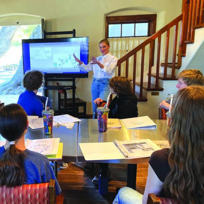 Round top Film Festival co-founder and executive Creative Produce Skylar Schanen teaches a script writing class to local students last summer.