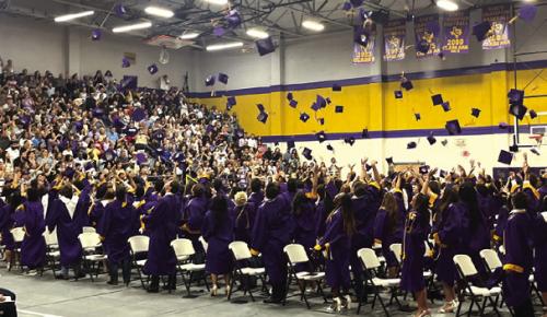 In front of a packed gym of well-wishers, the La Grange High School grads throw their caps skyward at the conclusion of Thursday’s ceremony. Photo by Jeff Wick