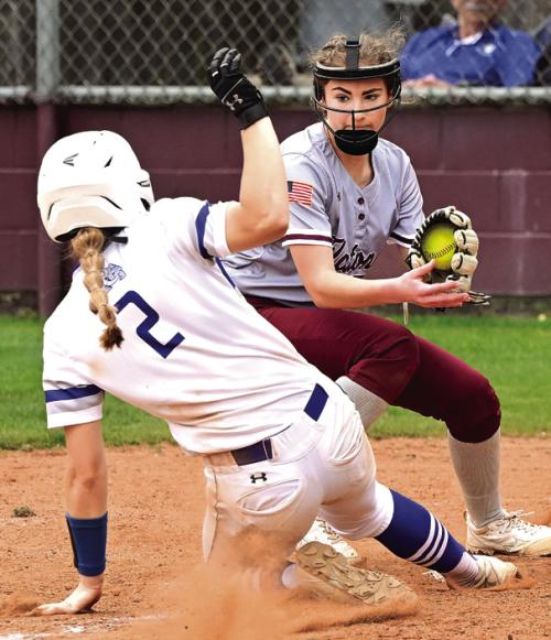 Flatonia’s Sadie Noska gets an out at home earlier this season. Photo by Stephanie Steinhauser