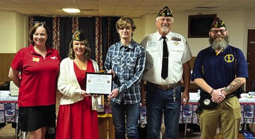 At the district judging competition, Zowen Pereiro won 1st Place in the Patriot’s Pen contest, which qualified him for the Department (State) competition. Left to right, are Lisa Gilmer (District 28 Auxiliary President), Amanda Dodd (District 28 Scholarship Chairperson), Zowen Pereiro, Richard Gray (Post 5254 Commander), and John Jowers (District 28 Commander).