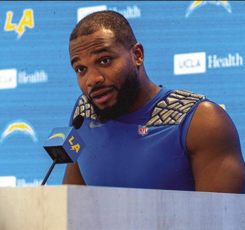 J.K. Dobbins speaks during Day 2 of the Chargers Training Camp last week.