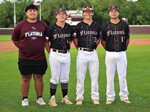 Flatonia recognized the 2026 Flatonia Bulldog Baseball Seniors on Friday night, left to right – Jonathan Cruz, Diego Ramirez, Caysen Perez, Damian Ibarra. Photo by Stephanie Steinhauser