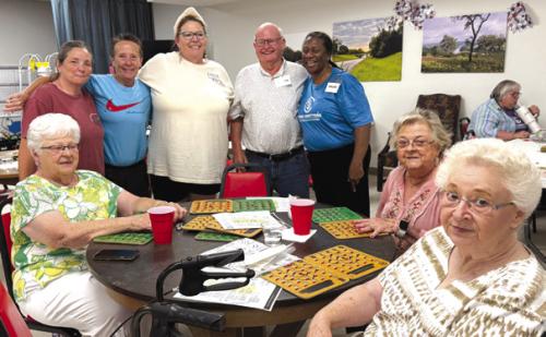 The crew from Schulenburg Family Fitness had seniors smiling when they came to call bingo recently. Pictured from left: Gloria Miksch, Jennifer Dial, Kim Brown, Deanie Crim, Johnny Fojtik, Darlene Williams, Ginni Berwick, and Helen Ohnheiser.