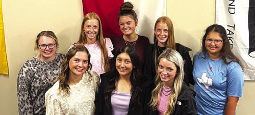 The members of the state-qualifying Round Top-Carmine girls golf team. Left to right - Front row: Avery Nelius, Alin Soto and Makayla Smith; Back row: Coach Bayley Gold, Morgan Nelius, Georgia Bockman, Caydan Nelius and Angie Le Bouef. Photo by Jeff Wick