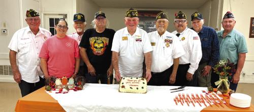 Veterans of Foreign Wars Post No. 5254 members from left, Trustee Weldon Koenig, Trustee Erika Fischbach, Judge Advocate John D. Marburger, Service Officer Bob Connelly, Sr. Vice Commander James Bramblett, Jr. Vice Commander Glenn Altwein, Chaplain Scott Jones, Dick Peck, and Quartermaster Joe Kruppa.