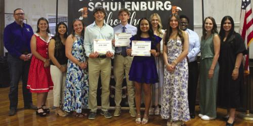 Pictured from left: Matthew Bartek, 2000 Stanzel Scholar; Liberty Killion, 2021 Stanzel Scholar; Ruby Rodriguez, 2025 Stanzel Scholar; Mikayla Otto, 2025 Stanzel Scholar; Jayse Janda; Jamison Bennett; Daysi Rico; Reagan Dusek; Fay Kutac, 2025 Stanzel Scholar; Andre Jones, 2015 Stanzel Scholar &amp; SFF Scholarship Team Member; Meagan Velasquez, SFF Scholarship Team Member &amp; SFF Board Member; Melanie Ramirez, SFF Program Director.