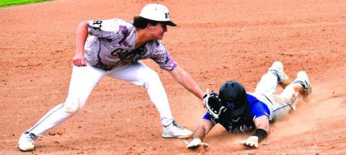 RTC’s Cash Robertson makes a tag on a Snook runner in Tuesday’s win. Photo by Paul Kipp