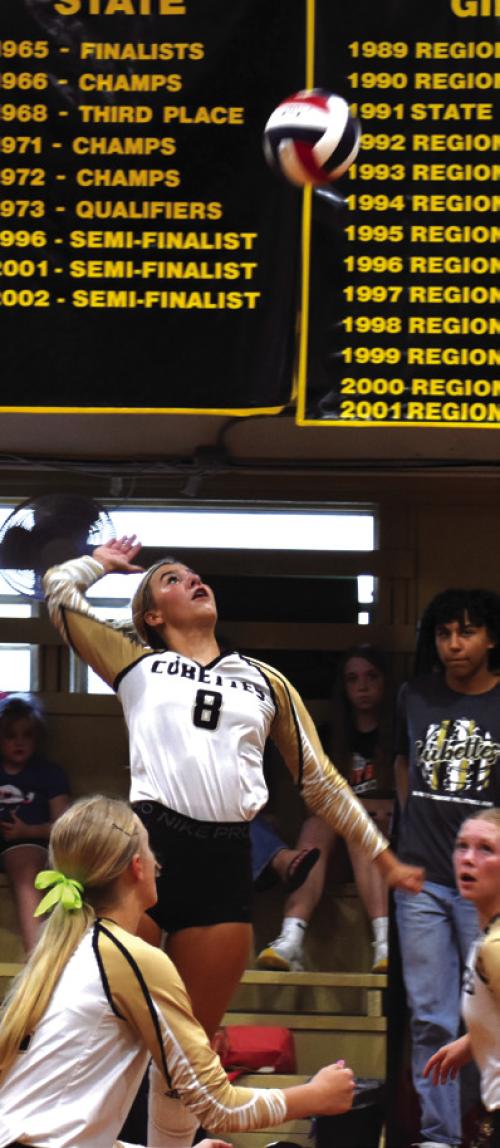 Round Top-Carmine’s Bree Dooley prepares to spike a spike a ball in Tuesday’s match against Schulenburg. Photo by Paul Kipp