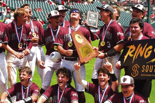 The members of the Fayetteville baseball team react after being presented their state title trophy after knocking off Gordon 4-2 in the 1A state title game Saturday at Dell Diamond. Photo by Scott Coleman