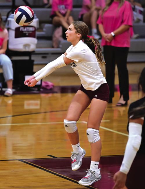 Senior Sadie Noska passes up for Flatonia in Friday’s district win over Shiner. Photo by Stephanie Steinhauser