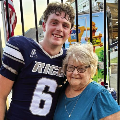Cindy Cave sent us this photo of her mom, Elizabeth Kipp, 90, of Winchester, who attended her great grandson’s Rice football game against UAB (University of Alabama at Birmingham) on Saturday, Nov. 8. Her grandson is Drayden Dickmann who a starting slot receiver for Rice.