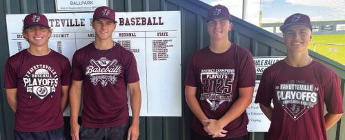 The four seniors on Fayetteville’s baseball team stand in front of a board of accomplishments at the stadium, which include the two state finalist finishes (2023 and 2024) that they were a part of, and their 2025 state title. Left to right, those seniors are Kole Schmitt, Jack Schley, Jason Halfmann and Mason Fenhaus. Photo by Jeff Wick