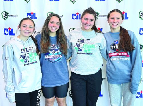 La Grange girls 400 Freestyle Relay team, left to right: Adysen Janacek, Celeine Fabre, Madeline Willrich, and Eleanor Carey.