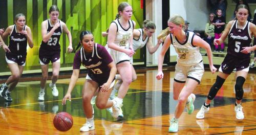 Fayetteville’s Devynn Moeckel leads a fast break in last Friday’s game against Round Top Carmine. The Lady Lions are one win away from clinching their first outright district title in eight years. Photo by Jeff Wick