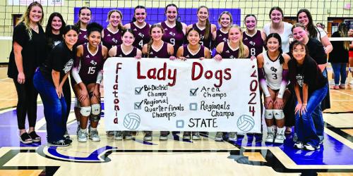 Above: Flatonia’s Summer Sodek at the net Tuesday. Left: The Lady Bulldogs celebrate their third round playoff victory over Sonora Tuesday on Boerne. Photos by Stephanie Steinhauser