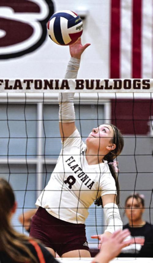 Flatonia’s Greenli VanZandt spikes a ball in Saturday’s match against Schulenburg. Photo by Stephanie Steinhauser