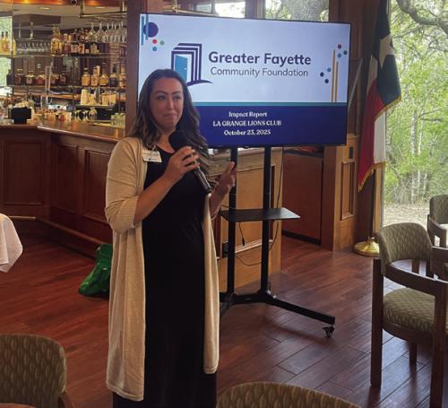 Susannah Mikulin, CEO of the Greater Fayette Community Foundation, was the guest speaker at the La Grange Noon Lions Club last week.