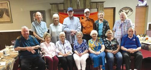Pictured front from left: Thomas Kainer, LaVerne Friedrich Schneider, Arline Dieringer Ulrich, LaDell Ohnheiser Freudenberg, Bonita Boehm Sales, Jeanette Jurica Chudej, and Bert Warnken; back row from left: Elmer Meyer, Rosalie Ulrich Fryer, Gene Vogt, Dan Schroeder, Carolyn Graeter Tobola and Edwina McFarlin Hutsell.