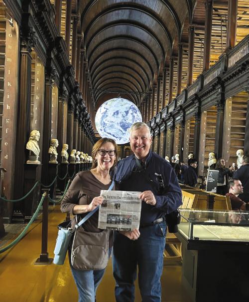 John and Lisa Gay took this pic, with the local Fayette County Record newspaper in hand, at Trinity College Library in Dublin Ireland. They saw the Book of Kells and headed out on a cruise from there, enjoying beautiful sites and colder temperatures.
