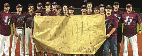 After Wednesday night’s win in Kenedy, the Fayetteville baseball team held up a banner that read: “State Bound, Next Stop: Dell Diamond.”