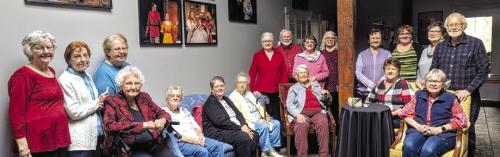 Those in attendance gathered for a photo before the performance. Seated from left to right: Gladys Teinert, Jo Ann Mueller, Margaret Roscher, Audrey Huenefeld, Beverly Ullrich, Carol Svrcek and Helen Oestreich; standing from left: Marilyn Spillane, Mary Vasek, Liz Tannler, Judy Zuhn, Larry Jackson, Susie Jackson, Ginger Friemel, Marilyn Strmiska, Becky Snyder, Janet Moerbe and Phil Oestreich.