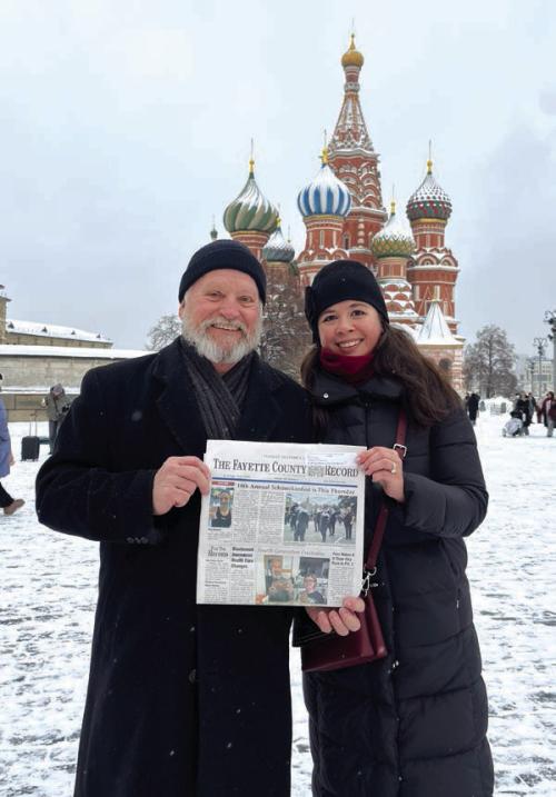 Newlyweds Mark and Julia Thiessen of Fayetteville were visiting the winter wonderland of Red Square in Moscow Russia taking along The Fayette County Record. Mark and Julia are seen in front of St. Basil’s Cathedral just outside the Kremlin walls. Julia is from Moscow where she still has family. January has been an especially snowy and cold month, but Muscovites do not seem to mind.