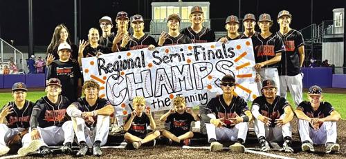 The Schulenburg baseball team celebrates their regional semifinal win Saturday in Elgin.